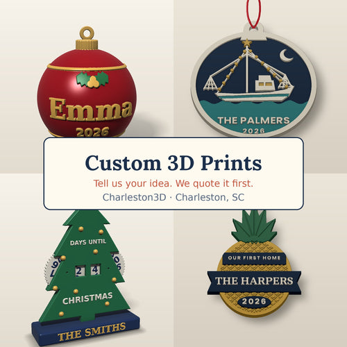 Custom 3D printed gifts from Charleston3D: personalized ornaments and decor, quoted before you pay