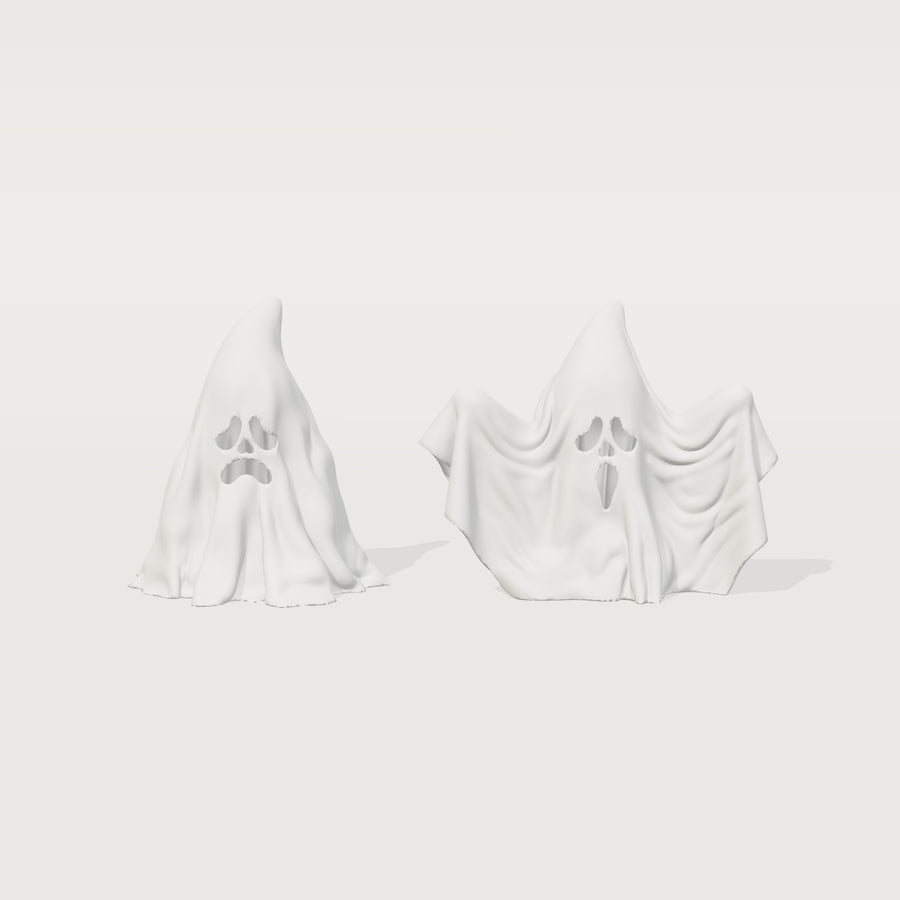 Two white 3D printed ghost figurines with hollow faces, front view